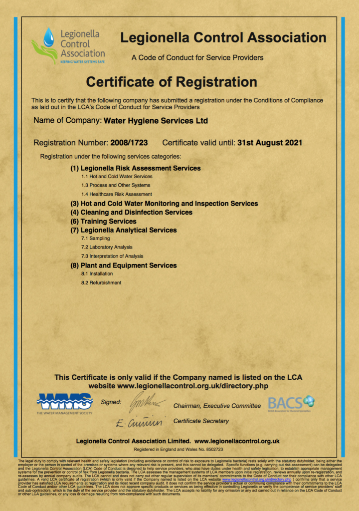 Water Hygiene Service LCA Renewal Certificate Water Hygiene Service LCA Renewal Certificate